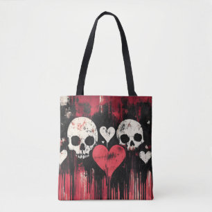 Grunge Skull and Hearts - Gedurfde rode en zwarte  Tote Bag
