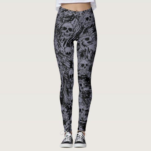 Grunge Skull Botten Pattern Black Grey Halloween Leggings (Voorkant)