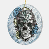 Grunge Snoep suikerschedel in blauw geel en roze. Keramisch Ornament (Links)