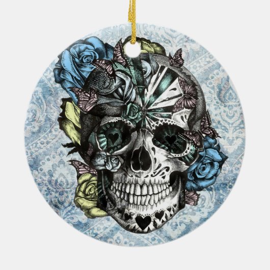 Grunge Snoep suikerschedel in blauw geel en roze. Keramisch Ornament (Achterkant)