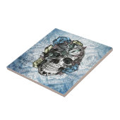 Grunge Snoep suikerschedel in blauw geel en roze. Tegeltje (Zijkant)