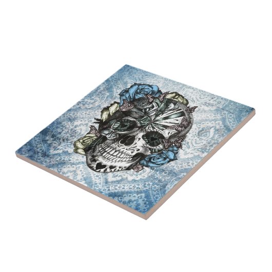 Grunge Snoep suikerschedel in blauw geel en roze. Tegeltje (Zijkant)