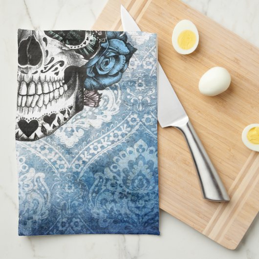 Grunge Snoep suikerschedel in blauw geel en roze. Theedoek (Quarter Fold)