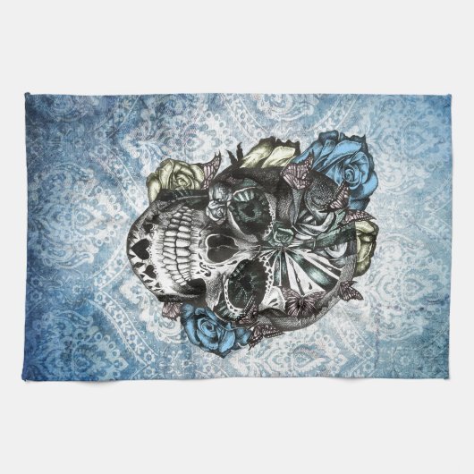 Grunge Snoep suikerschedel in blauw geel en roze. Theedoek (Horizontaal)