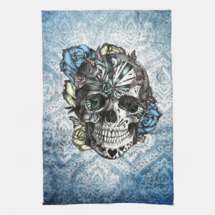 Grunge Snoep suikerschedel in blauw geel en roze. Theedoek