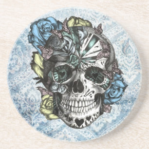 Grunge Snoep suikerschedel in blauw geel en roze. Zandsteen Onderzetter