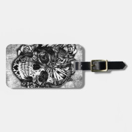 Grunge Snoep suikerschedel in zwart-wit. Bagagelabel