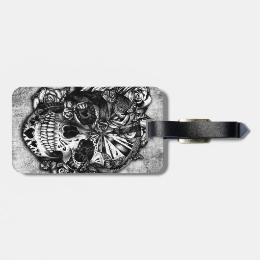 Grunge Snoep suikerschedel in zwart-wit. Bagagelabel (Achterkant horizontaal)