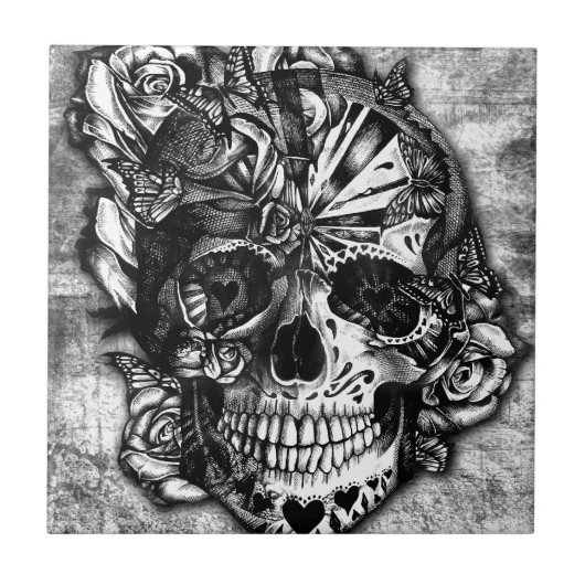 Grunge Snoep suikerschedel in zwart-wit. Tegeltje (Voorkant)