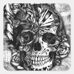 Grunge Snoep suikerschedel in zwart-wit. Vierkante Sticker