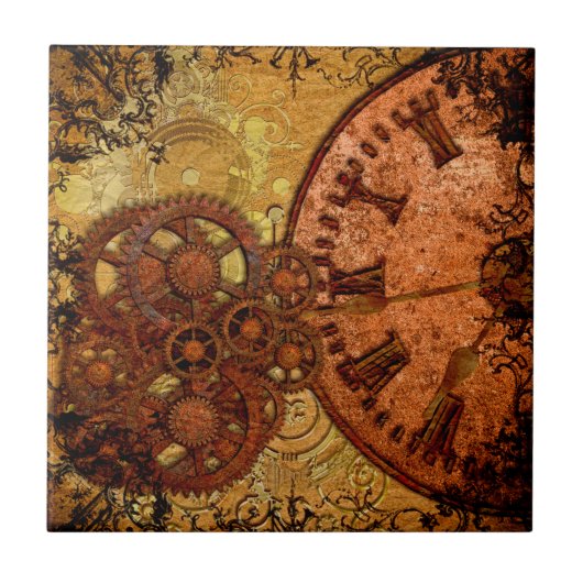 Grunge Steampunk Gear en Clock Tegeltje (Voorkant)