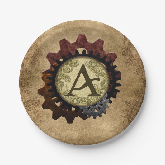 Grunge Steampunk Gears Monogram A Papieren Bordje (Voorkant)