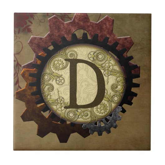 Grunge Steampunk Gears Monogram Letter D Tegeltje (Voorkant)