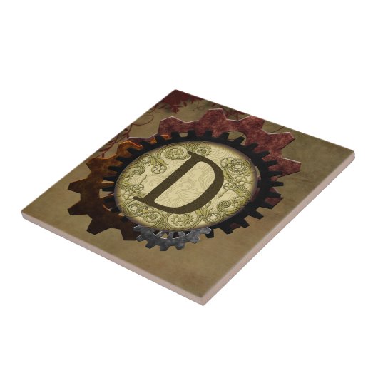 Grunge Steampunk Gears Monogram Letter D Tegeltje (Zijkant)