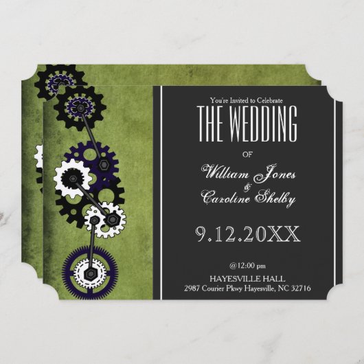 Grunge Steampunk Gears Wedding Invitation Kaart (Voorkant / Achterkant)