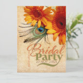 Grunge Summer Peacock vether Bridal Party Invite Kaart (Staand voorkant)