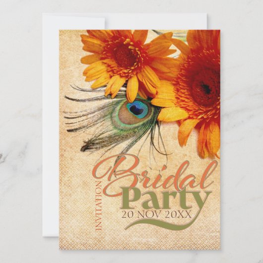 Grunge Summer Peacock vether Bridal Party Invite Kaart (Voorkant)