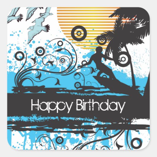Grunge Surfing Tropical Beach Happy Birthday Vierkante Sticker (Voorkant)