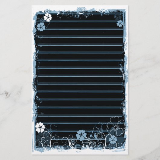 Grunge Swirl Flowers Lined Stationery Black Blue Briefpapier (Voorkant)