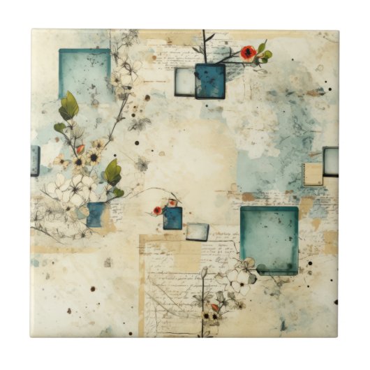 Grunge Teal Botanisch Frame Parchment Scrapboek Tegeltje (Voorkant)