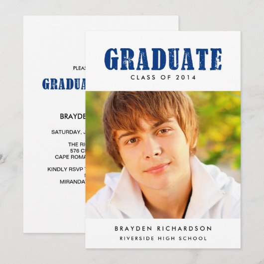 Grunge Tekst Afstudeerfeest Uitnodiging / Marine (Voorkant / Achterkant)