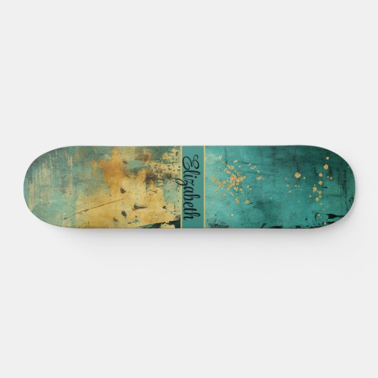 Grunge Turquoise en Faux Gold Glitter Sparkle Persoonlijk Skateboard (Horizontaal)