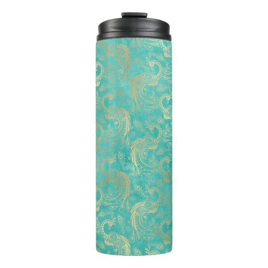 Grunge Turquoise en Gold Peacock Thermosbeker (Voorkant)