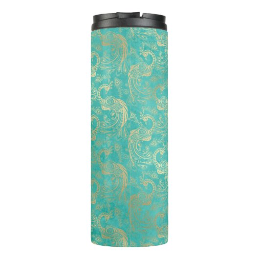 Grunge Turquoise en Gold Peacock Thermosbeker (Achterkant)