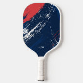 Grunge verf monogram initiaal rood wit blauw pickleball paddle (Achterkant)