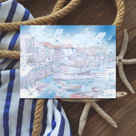 Grunge Waterverf Art Boats in de haven Briefkaart