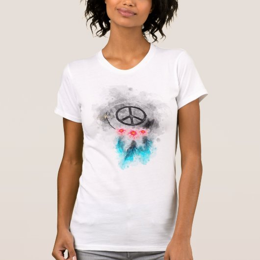 *~* Grunge Waterverf Peace Sign Feathers Flowers T-shirt (Voorkant)