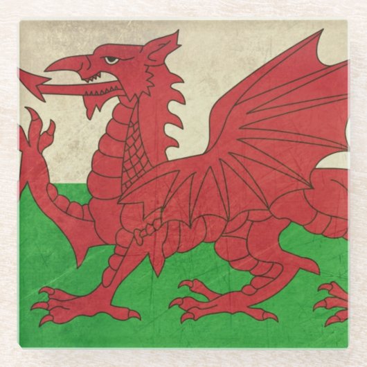Grunge Welsh Dragon vlaggenafbeelding Glazen Onderzetter (Voorkant)