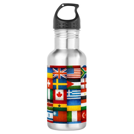 Grunge World Flags Collage Designer Waterfles (Voorkant)