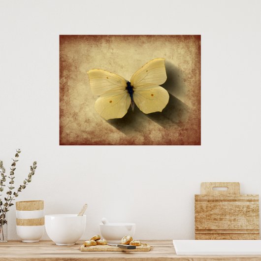 Grunge Yellow Butterfly met schaduw Poster (Keuken)