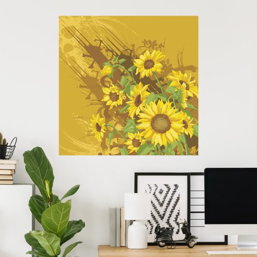 Grunge Zonnebloem Art Bold Rustiek Geel Bloemen Poster (Thuiskantoor)