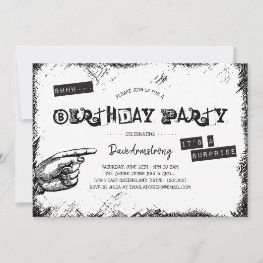 Grunge zwart-wit verrassingsverjaardagsfeestje kaart (Voorkant)
