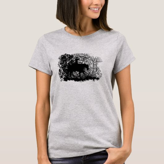 Grunged CowGirl Riding Horse Thru Trees T-shirt (Voorkant)