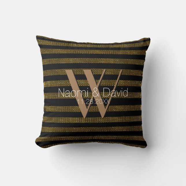 Grungish Gold Glitter en zwarte strepen Monogram Kussen (Voorkant)