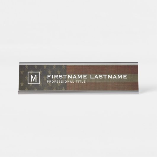 Grungy American Flag met Linen Finish en Name Bureau Naambordje (Voorkant)