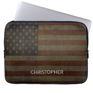 Grungy American Flag met Linen Finish en Name Laptop Sleeve