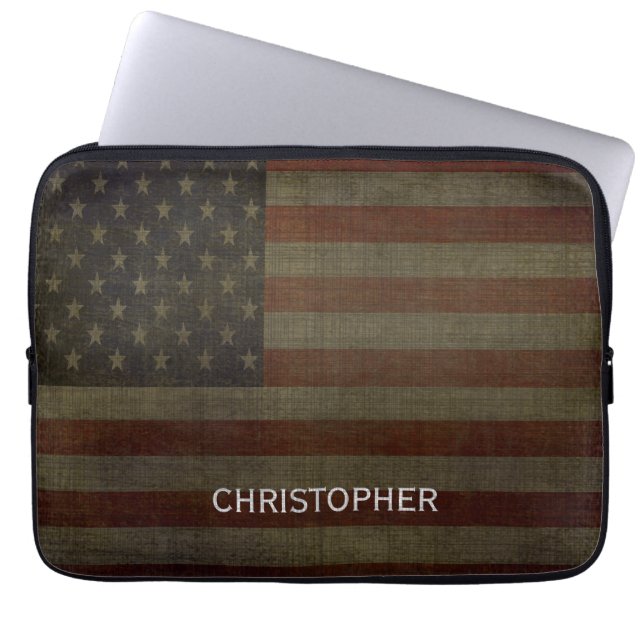 Grungy American Flag met Linen Finish en Name Laptop Sleeve (Voorkant)