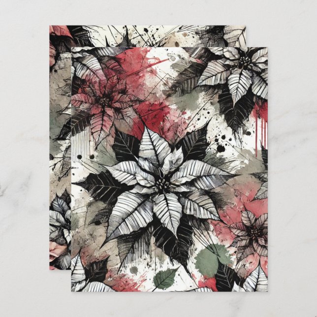 Grungy Bloemen Poinsettia Schetsen Scrapbook Papie (Voorkant / Achterkant)