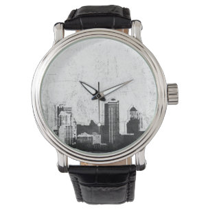 Grungy city background in zwart-wit horloge
