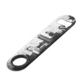 Grungy city background in zwart-wit speed flessenopener (Voorkant Gekanteld)