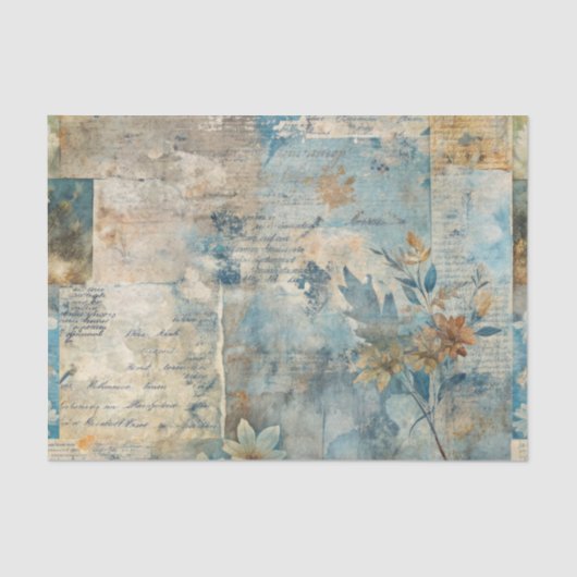 Grungy Distressed Blue Floral Ephemera Collage Tissuepapier (Voorkant)