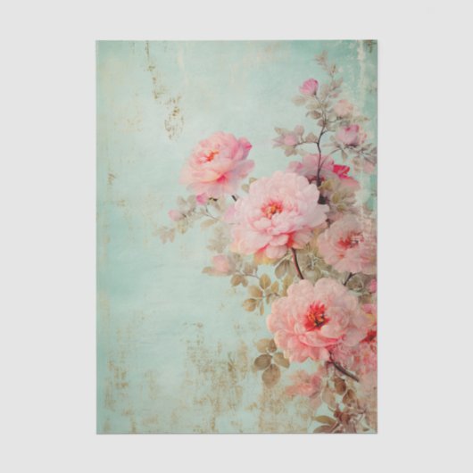 Grungy Large Pink Flower Pattern on Aqua BG Tissuepapier (Voorkant)