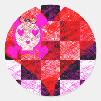 GRUNGY MEISJE SCHEDEL HART CHECKERS RONDE STICKER