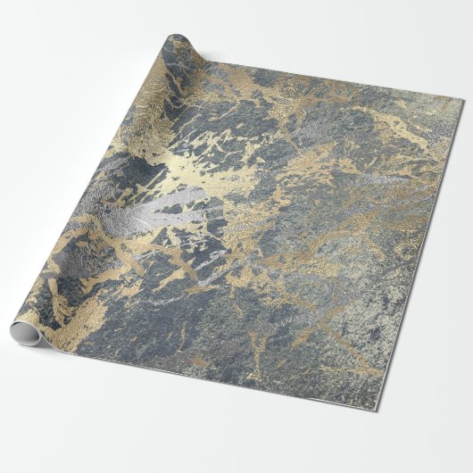 Grungy Molten Silver Gold Marble Shiny Metallic Cadeaupapier (Uitgerold)