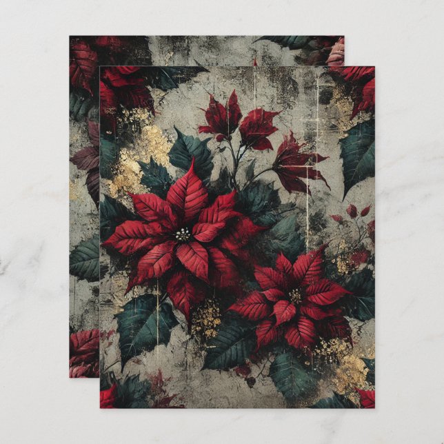 Grungy Poinsettia Bloemen Behang Scrapbook Papier (Voorkant / Achterkant)