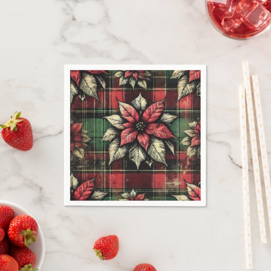 Grungy Poinsettia Plaid Stof Decoupage Papier Servet (Insitu)
